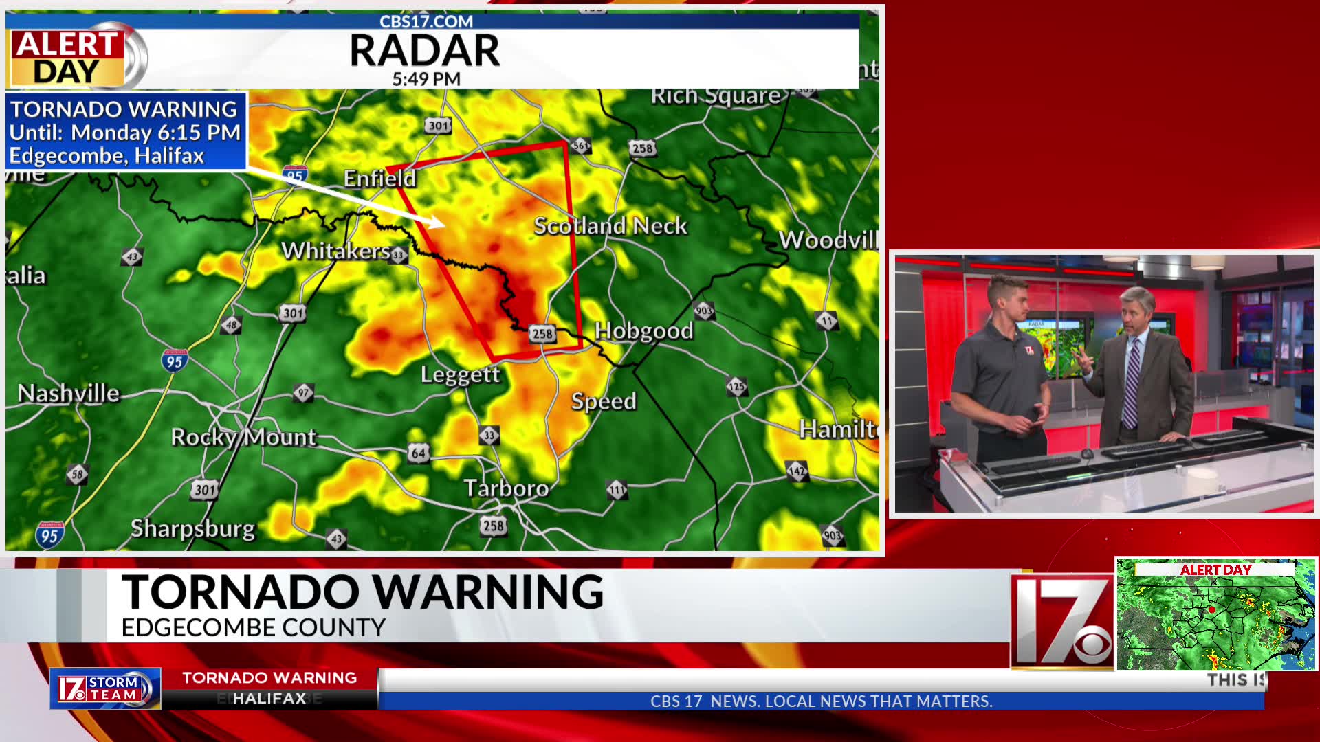 Tornado warning issued for Edgecombe and Halifax counties – CBS17.com