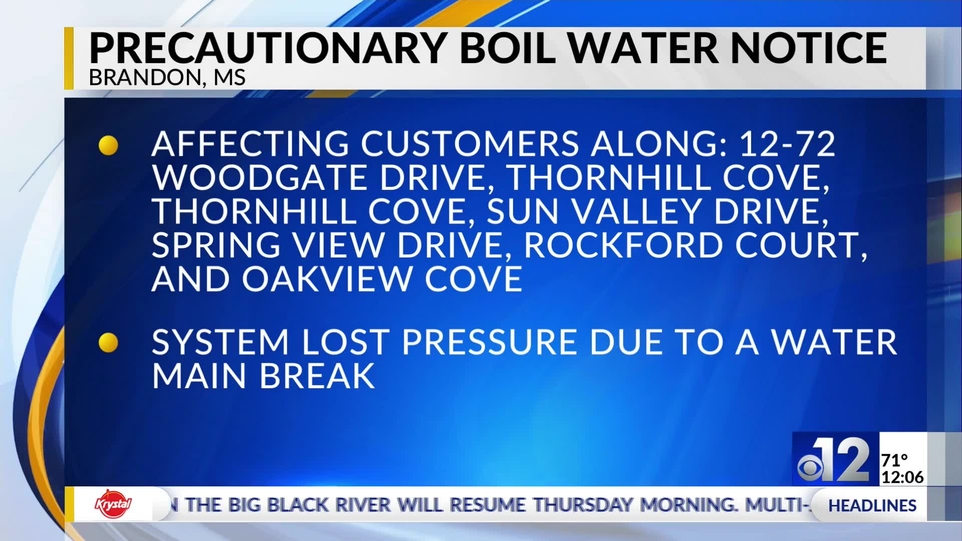 Brandon water main break leads to boil water notice – WJTV