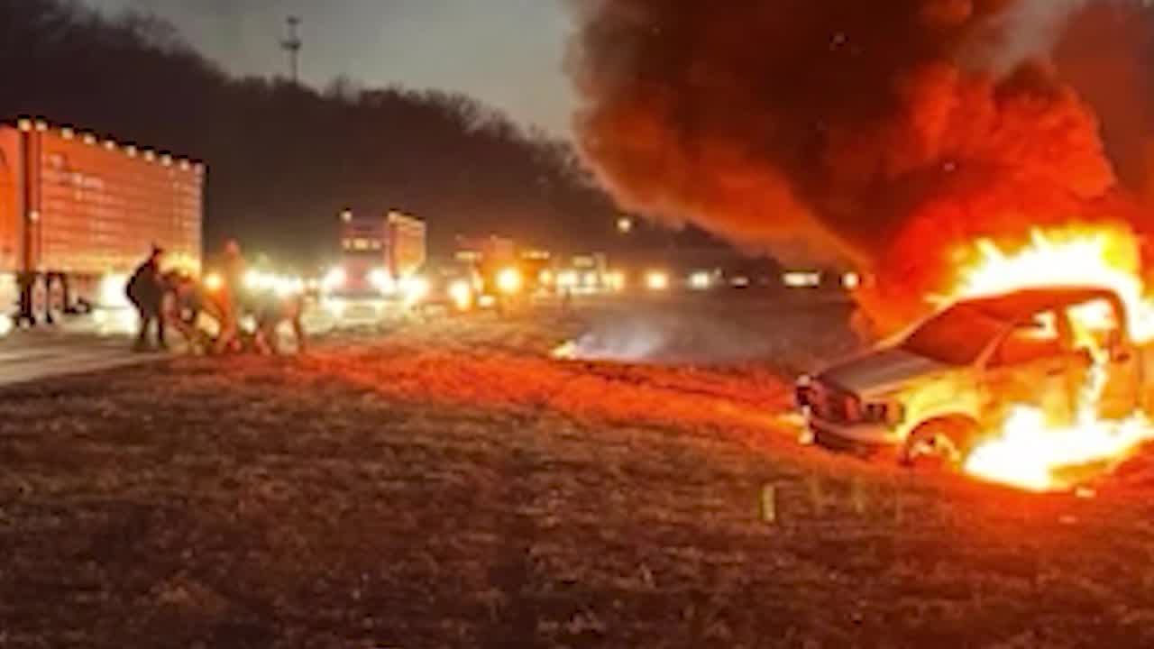 Strangers help save driver’s life after pickup truck bursts into flames ...